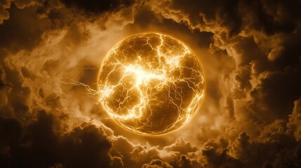 Obraz premium Fiery Celestial Orb Amidst Storm Clouds: A Digital Artwork
