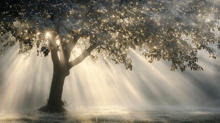 Obraz premium Sunbeams Through the Apple Tree: A Misty Morning's Golden Embrace