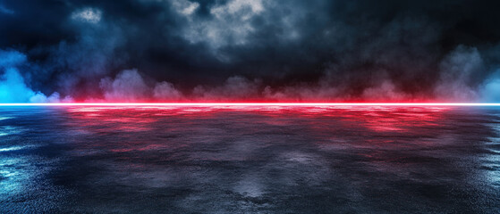 dark, wet asphalt surface reflects vibrant neon lights under dramatic cloudy sky