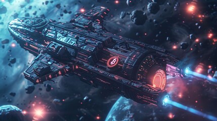 Futuristic Sci Fi Spaceship Engaging in Battle Amidst Cosmic Debris and Celestial Phenomena  This digitally rendered image showcases a powerful