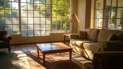 Empty retirement home common area with unoccupied chairs and quiet surroundings, reflecting solitude and the passage of time in aging communities.