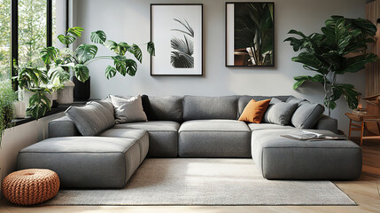 Obraz premium Elegant Grey Corner Sofa in Scandinavian-Style Home Interior for Modern Living Room