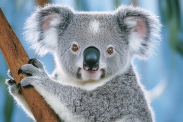 Obraz premium A koala perched high on a eucalyptus tree, with the vibrant blue Australian sky as the backdrop