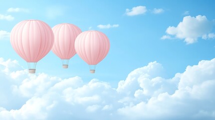 Fototapeta premium Three Pastel Pink Hot Air Balloons Ascending in a Blue Sky