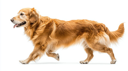 Golden retriever walking gracefully on white background, showcasing its beautiful fur and playful demeanor