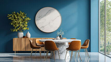 Elegant Home Interior with Marble Dining Table and Chairs, Wooden Sideboard, and Blue Wall in 3D Rendering