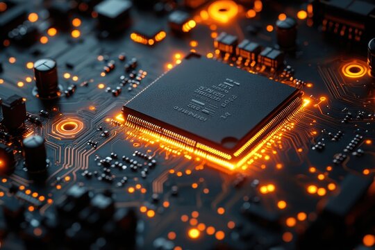 Close-up view of a circuit board with glowing components and a central processor in a modern technology setting