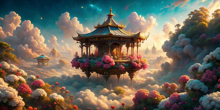 Surreal Floating Palanquin in a Dreamlike Landscape