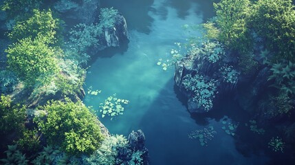 Serene Teal Lagoon: An Aerial View of Tranquil Waters Surrounded by Lush Greenery