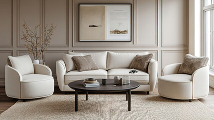 Fototapeta premium Cozy Scandinavian living room with round coffee table and classic paneling design