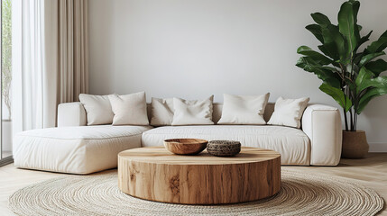 Elegant Modern Living Room Featuring Round Wooden Coffee Table and Beige Fabric Corner Sofa