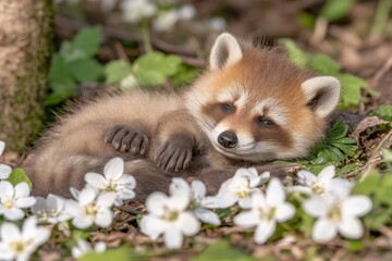 Obraz premium A charming raccoon resting under a green bush amid white flowers, framed by a bright summer backdrop