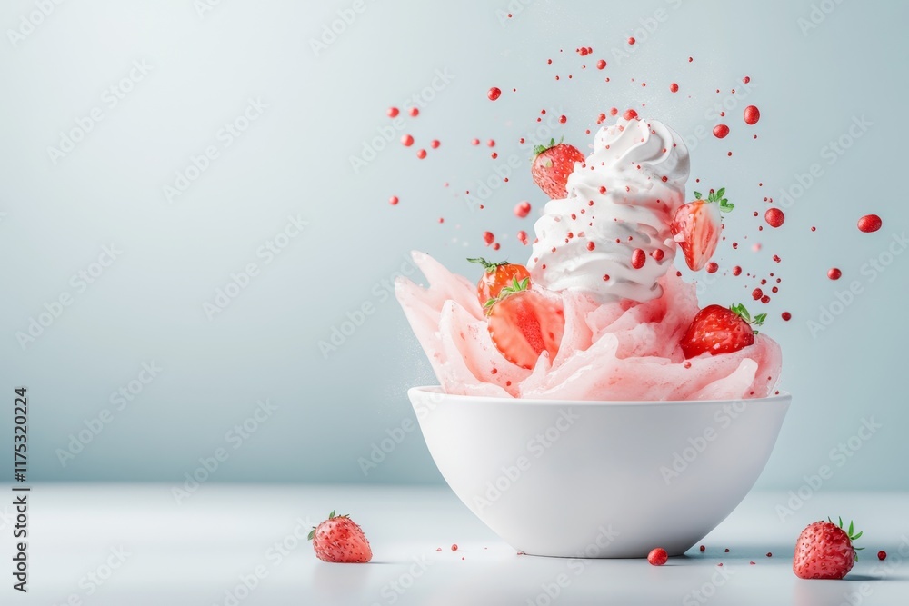 Poster a minimalist design of a bingsu bowl with simple shapes representing shaved ice and colorful topping