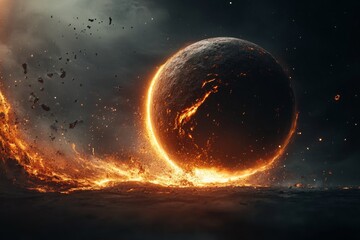 Fototapeta premium A massive meteorite crashing into an alien planet, with vibrant colors and glowing lava flows forming around the impact site