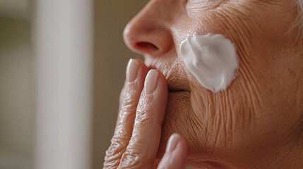 Close up portrait of elderly woman applying moisturizer on her face, showcasing her textured skin and delicate hands. image captures moment of self care and beauty