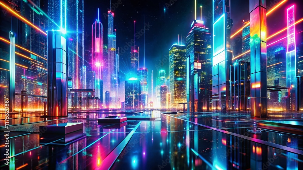 Poster surreal futuristic tech interface: holographic data stream and neon cityscape