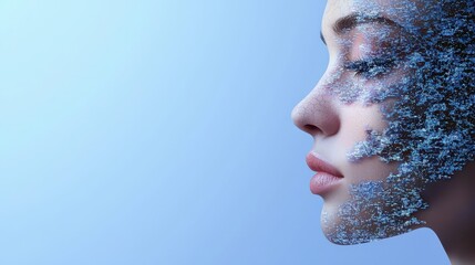 A serene profile of a woman with a digital, pixelated texture on her face, symbolizing a blend of beauty and technology against a soft blue background.