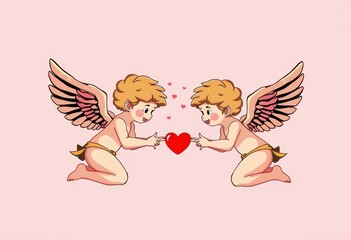 two angels with hearts on pink background