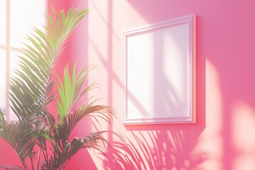 Sunlit Room Decor: Frame, Plant, Pink Wall, Shadow Aesthetic, Interior Design Inspiration
