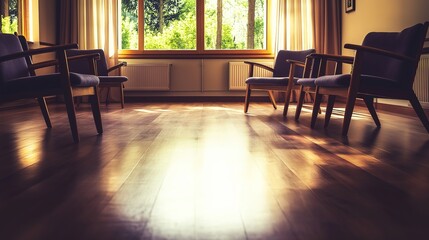 Fototapeta premium Empty retirement home common area with unoccupied chairs and quiet surroundings, reflecting solitude and the passage of time in aging communities.