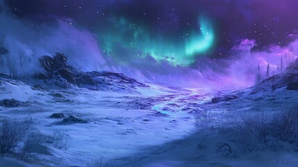 Naklejka premium Aurora Borealis over Snowy Mountains: A Winter Wonderland