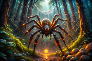 Surreal Giant Spider Encounter in Dreamlike Forest - Stock Photo