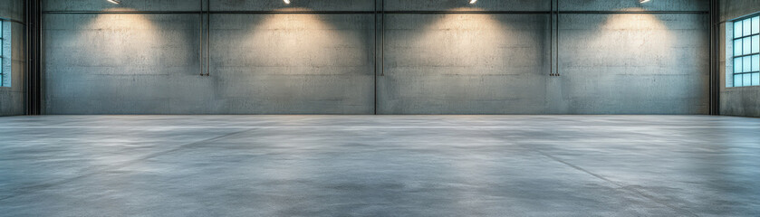 Spacious industrial warehouse interior with concrete floor and walls