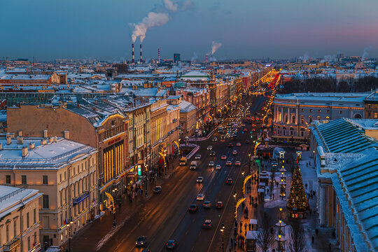 Aerial view of festively decorated Nevsky Prospect from the Dumskaya Tower.