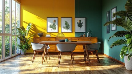 A dining room showcasing an analogous palette of green, teal, and yellow for a fresh and vibrant atmosphere.