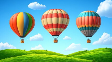 Obraz premium Three vibrant hot air balloons ascend over a picturesque landscape