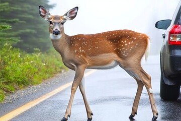 Fototapeta premium A car is approaching as a white-tailed deer doe walks through the morning fog on the road