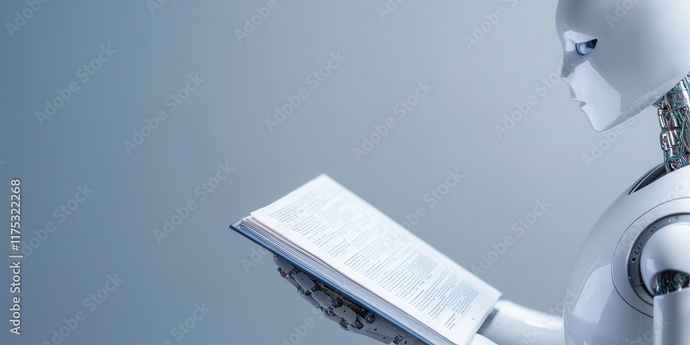 Poster a humanoid robot reads a book, showcasing the intersection of technology and knowledge in a modern, 