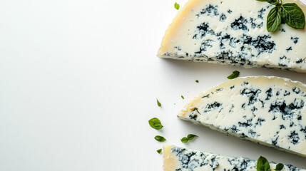 Crumbly blue cheese with rich blue mold veining served on a white surface