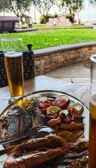 grilled seafood and beer