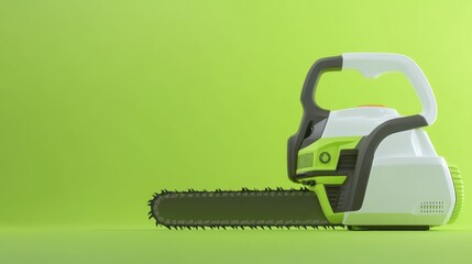Fototapeta premium A cordless electric chainsaw on a bright green background, symbolizing eco-friendly technology