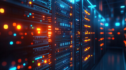 Futuristic Data Center with Illuminated Servers