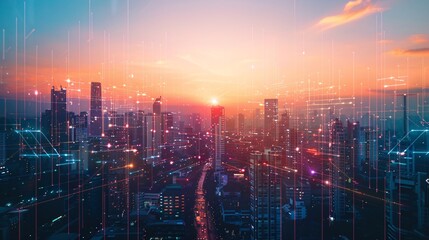 Fototapeta premium Vibrant Futuristic City Skyline at Dramatic Sunset with Glowing Skyscrapers Busy Urban Infrastructure and Pulsing Lights Reflecting on the City Below Concept of Modern Metropolis Economic Growth