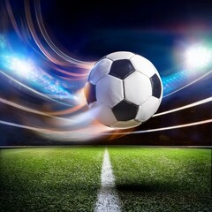 Naklejka premium Fliegender Fußball mit Schweif in der Luft, Stadion unscharf