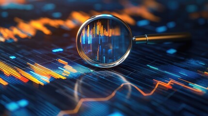 Magnifying glass over a graph, idea and business growth, 3D illustration