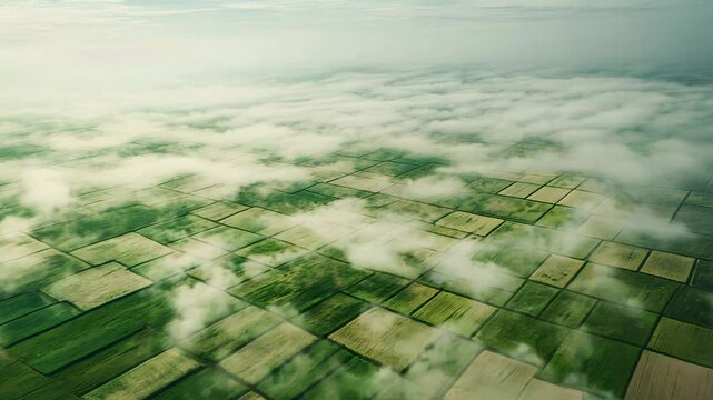 Aerial view of a vast agricultural field covered in morning mist, with patches of crops emerging from the fog, creating a patchwork of colors