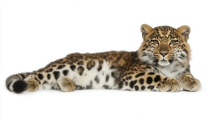 Fototapeta premium Spotted leopard, centered and facing the camera, isolated on a white background