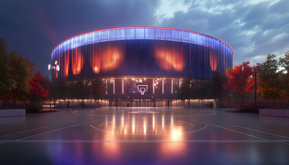 Basketball resting prominently in front of a state-of-the-art sports arena, illuminated by vibrant lights AI Generated