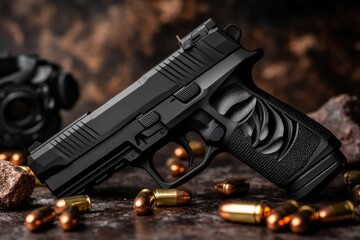 Obraz premium A modern black handgun with a tactical flashlight attachment, placed on a rugged surface with scattered bullets