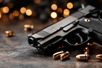 A modern black handgun with a tactical flashlight attachment, placed on a rugged surface with scattered bullets