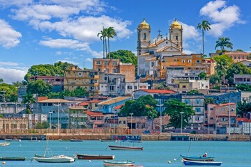 Colorful cityscape of Salvador de Bahia with a historic church and vibrant architecture