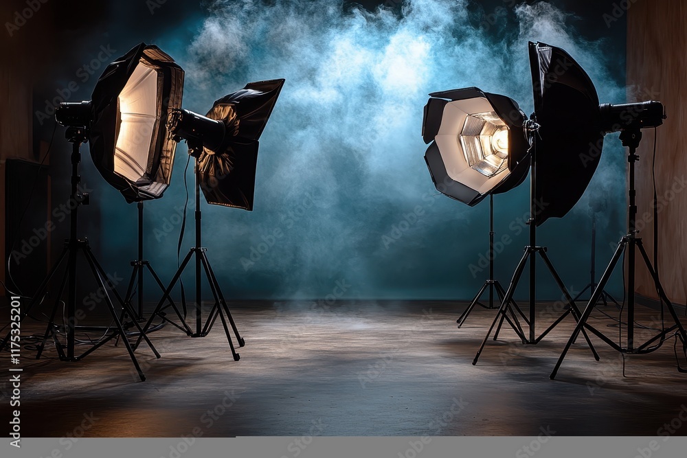 Poster studio lighting setup with softboxes and smoke effects for a photography session