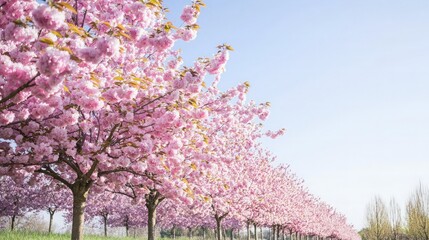 Naklejka premium Pink cherry blossoms line a sunny orchard. Spring landscape. Use calendar, website.