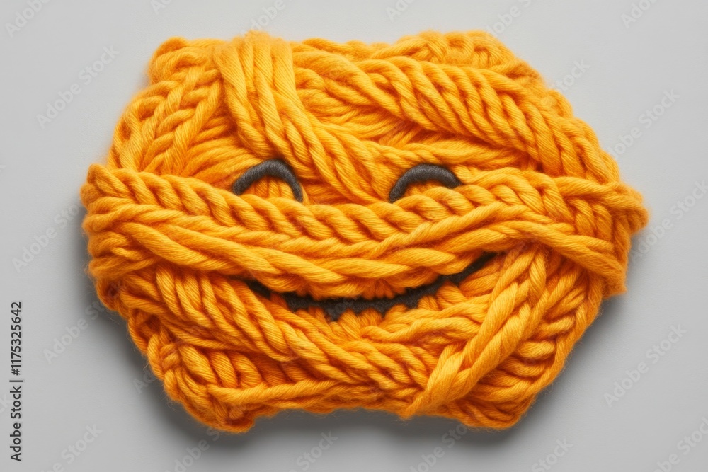 Poster A playful drawing of a knitting project unraveling into the shape of a smiling face on a clean white background