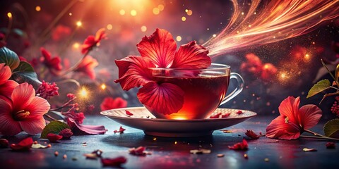 Surreal Hibiscus Tea: Dried Flowers Floating in Ethereal Brew