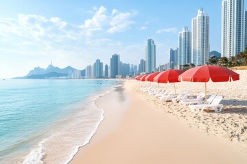 Obraz premium A scenic shot of Haeundae Beach in Busan, with modern high-rises in the distance and parasols lining the sandy shore